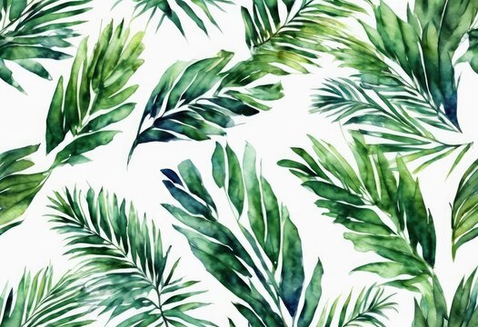 A green leafy pattern with a white background. The leaves are painted in a watercolor style