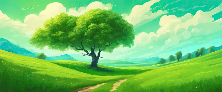 A large tree stands in a lush green field. The sky is clear and blue, with a few clouds scattered throughout. The scene is peaceful and serene, with the tree providing a sense of calm and tranquility