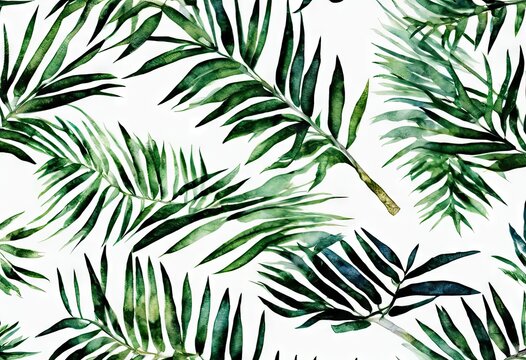 A painting of green leaves with a white background. The leaves are painted in a way that they look like they are growing out of the white background. The painting has a tropical feel to it