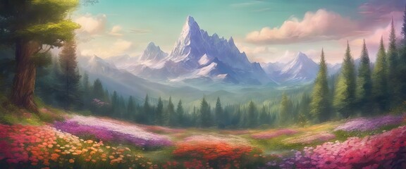A beautiful landscape with a mountain in the background and a tree in the foreground. The scene is filled with a variety of colorful flowers, creating a serene and peaceful atmosphere
