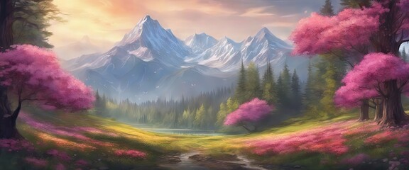 A painting of a mountain range with a pink forest in the foreground. The painting has a serene and peaceful mood, with the pink flowers and trees adding a touch of color and life to the scene - obrazy, fototapety, plakaty