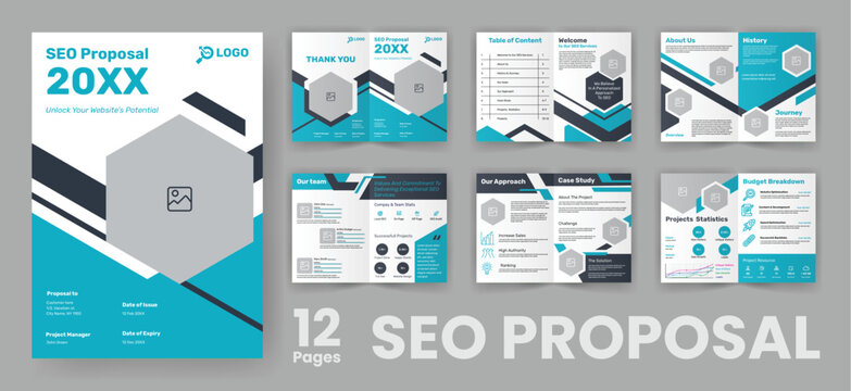 SEO Project Proposal Brochure Template. Simple Page Layout with Blue Accent.
