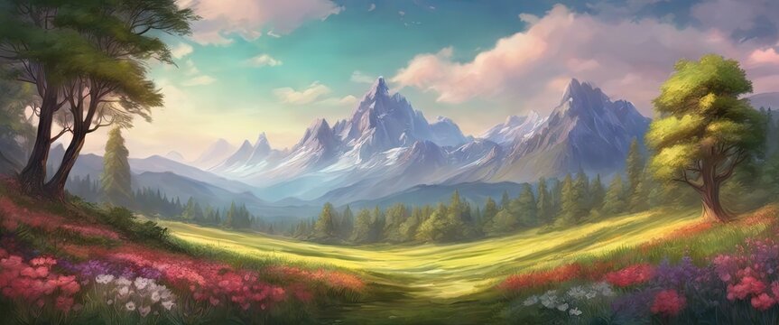 A beautiful landscape with mountains in the background and a field of flowers. The sky is blue and the sun is shining