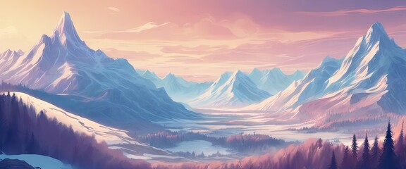  mountain range with a beautiful sunset in background. The mountains are covered in snow and  sky is filled with clouds. The scene is peaceful and serene, with the mountains towering over  landscape