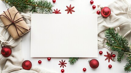 Fototapeta na wymiar Greeting Card: White Canvas Invitation Template with Christmas Decor