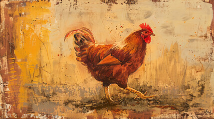 Red chicken walking in a paddock. - obrazy, fototapety, plakaty