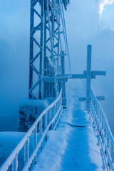 foggy winter landscape in the mountains, closeup of photo