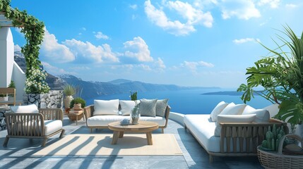 Santorini Style: Beautiful Terrace Resort with Outdoor Sofa Furniture - obrazy, fototapety, plakaty