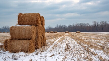 Pile of hay bundles on rural field during cold season.