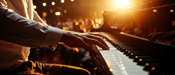 Close up of male pianist hands playing on piano on the stage. Music instrument.  Musician performance. Generative ai - obrazy, fototapety, plakaty