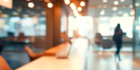 Business office with blurred people. Abstract light bokeh at office interior background for design