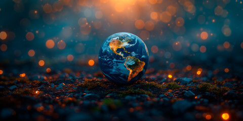Planet earth on the background of blurred lights of the city. Concept on business, politics,...