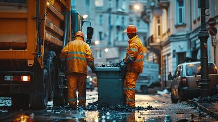 Two sanitation workers collaborating to unload garbage bins onto a truck for waste disposal.