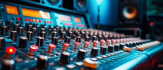 Close up of professional audio mixing board. Broadcasting. Sound studio equipment for recording music session. Sound production scene. Generative ai. - obrazy, fototapety, plakaty