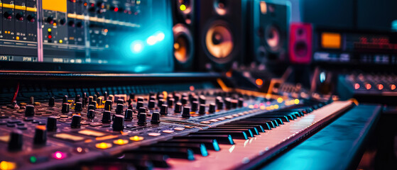 Close up of professional audio mixing board. Broadcasting. Sound studio equipment for recording music session. Sound production scene. Generative ai. - obrazy, fototapety, plakaty