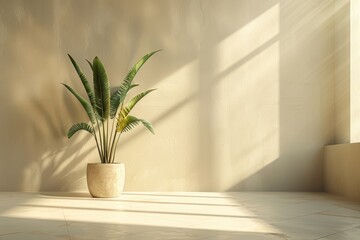 Sunlight falling into an empty room with a plant.