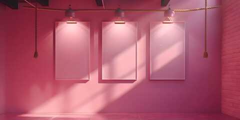 three Frame on pink wall and tile with lamp.