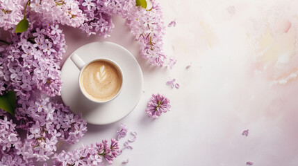 Obraz na płótnie Canvas Lilac flowers and coffee top view spring background, free space