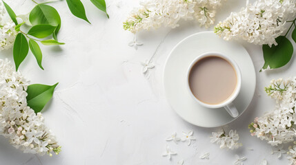 White lilac flowers and coffee, top view spring background, free space