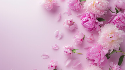 Naklejka na ściany i meble Peonies flowers top view, spring background, free space