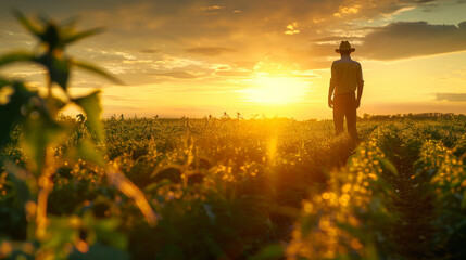 A farmer stands in a lush field at sunset, gazing over crops with a bright sky illuminating the horizon.
