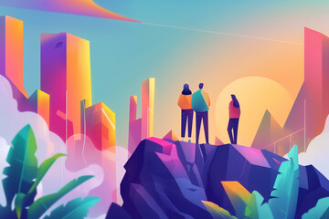 Fototapeta premium Three people observing a colorful cityscape at sunrise.