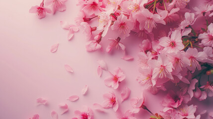 Cherry flowers top view, spring background, free space