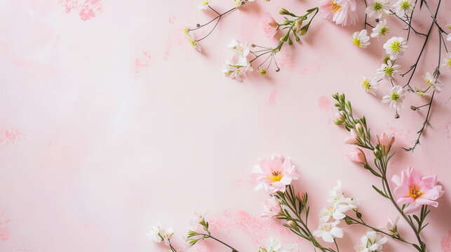 Spring flowers top view, floral background, free space