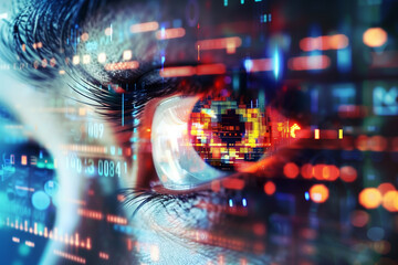 Eye with digital overlay representing data analytics.
