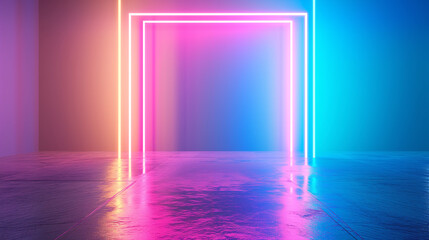neon portal illuminates a dark room, casting vibrant reflections on the floor, creating a surreal atmosphere