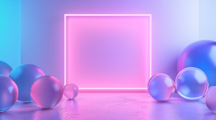 neon-lit room with a pink neon glowing frame and scattered, shiny spheres reflecting the ambient light