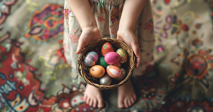A retro mid body shot of a little barefoot girl in dress holding a wicker basket full of colorful Easter eggs in nature, created with AI.