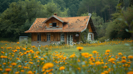 Fototapeta na wymiar A quaint wooden cottage with an orange tiled roof, nestled in a lush green forest clearing, surrounded by a vibrant field of orange wildflowers under a cloudy sky.