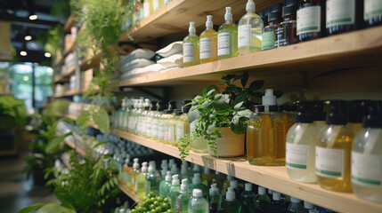 Shelves in a store filled with various bottles of beauty and skincare products, featuring label branding space. A focus on a plant in the foreground adds a natural, organic touch.