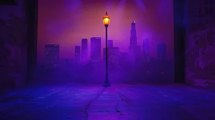Crédence de cuisine en verre imprimé Violet A lone lamppost stands tall in the evening mist, its soft light creating an ethereal atmosphere that evokes a sense of mystery and nostalgia. Concept of nocturnal solitude. Generative Ai.