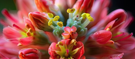 Fototapeta premium A detailed view of a red flower with vibrant yellow stamen, showcasing the intricate reproductive system of a flowering plant.