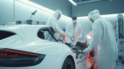 EV car station, Technicians and mechanics in white smart uniform with masks repairing EV car, chargings, tire replacing, futuristic