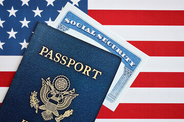 New Blue United States of America Passport and Social Security number on US Flag background....