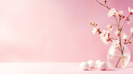 Elegant composition with vase with fresh spring branches with flowers and with eggs on light pink background. Easter themed and Created with AI.