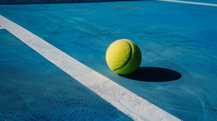 balle de tennis sur un court en synthétique près d'une ligne blanche - obrazy, fototapety, plakaty