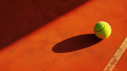 balle de tennis sur un court en terre battue près d'une ligne blanche - obrazy, fototapety, plakaty