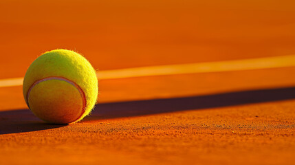 balle de tennis sur un court en terre battue près d'une ligne blanche - obrazy, fototapety, plakaty