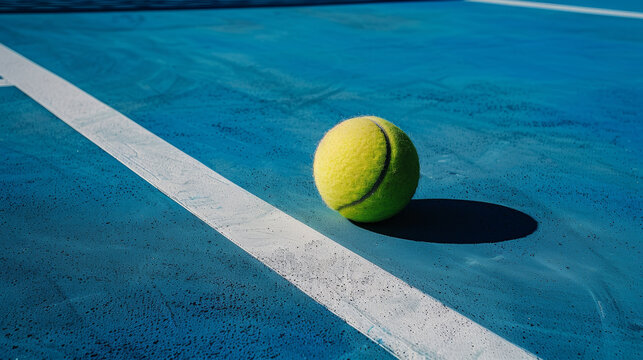 balle de tennis sur un court en synthétique près d'une ligne blanche