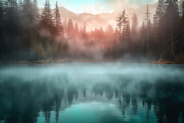 Fototapeta premium Beautiful landscape image of misty lake at sunrise in front of pine trees and mountains
