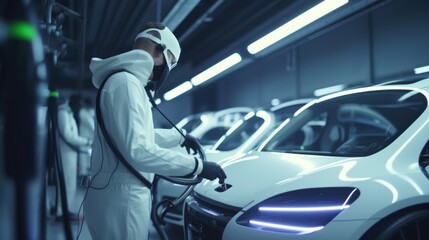 Fototapeta na wymiar EV car station, Technicians and mechanics in white smart uniform with masks repairing EV car, chargings, tire replacing, futuristic
