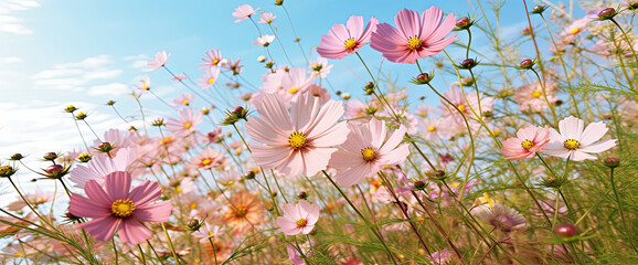 Beautiful low POV landscape image of vibrant Summer wildflower meadow against blue sky