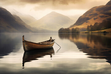 Beautiful calm and peaceful landscape image of lone boat on still lake at sunrise with mountains in background - Powered by Adobe