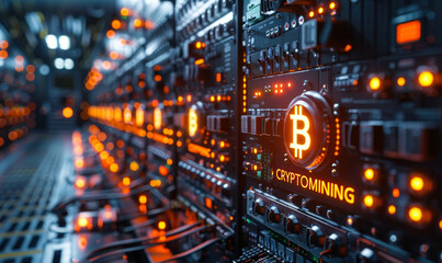 Fototapeta premium Server racks in a data center with a digital overlay of a Bitcoin symbol and the word CRYPTOMINING, representing the blockchain technology industry