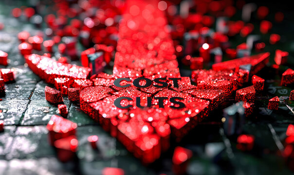 Bold COST CUTS text in white over a vibrant red arrow fracturing into multiple grey arrows symbolizing budget reduction and financial strategy