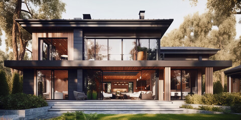 Obraz premium Facade of private house in modern architectural style.